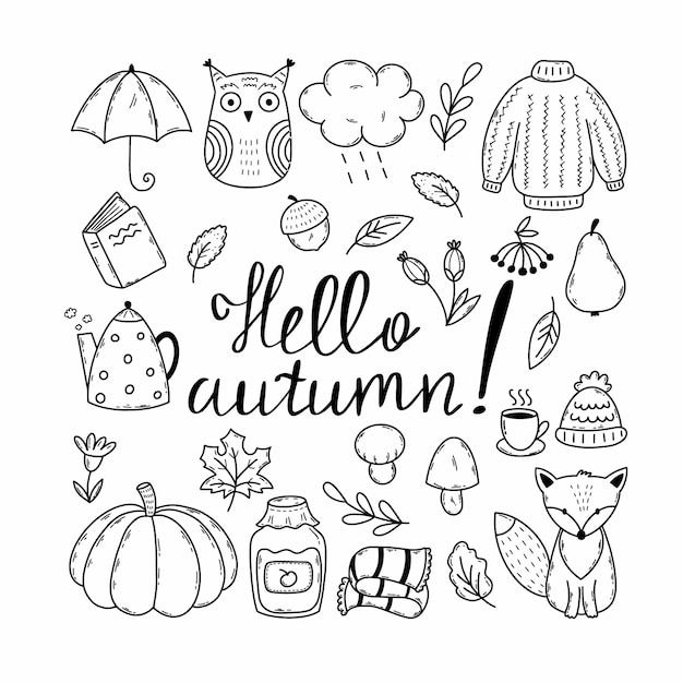 Set of autumn elements Lettering hello autumnVector doodle illustration Contour drawing Fall