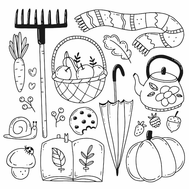 Set di elementi autunnali in semplice stile scarabocchio illustrazione in bianco e nero isolato su sfondo