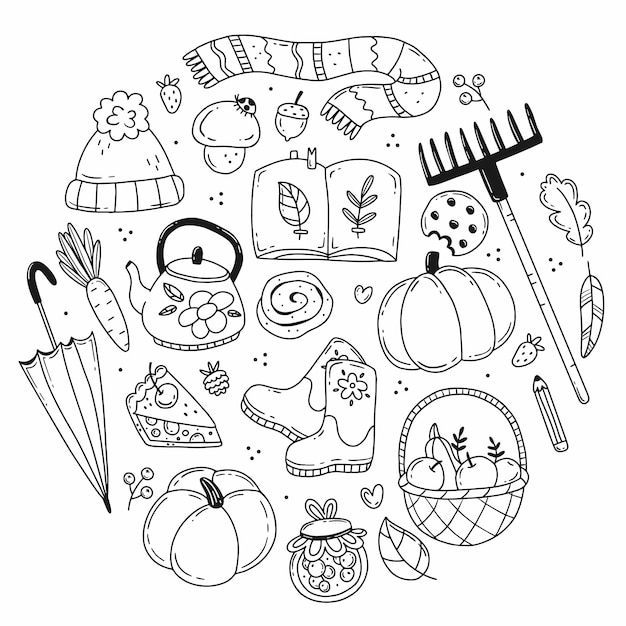 Set of autumn elements in simple doodle style in the shape of a circle illustration cozy autumn