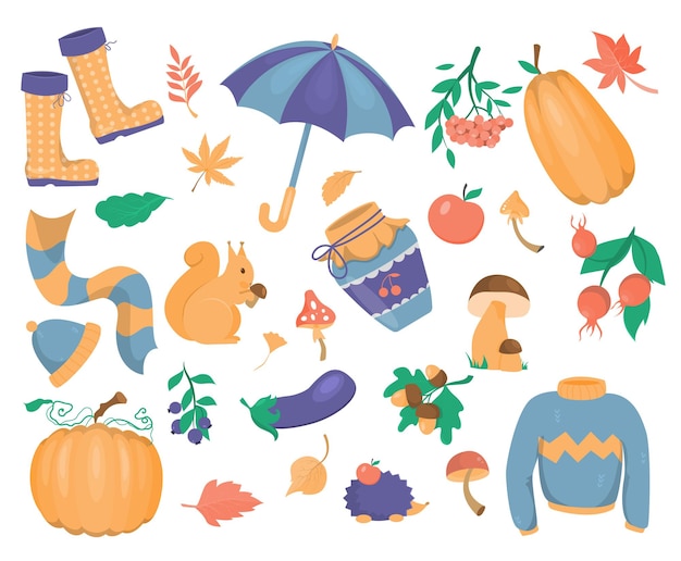 A set of autumn graphic elements on a white background.