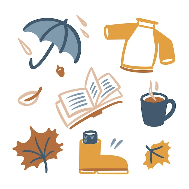 낙서 벡터 귀여운 스타일의 가을 이미지 세트. 그려진 요소입니다. 우산, 스웨터, 책, 커피