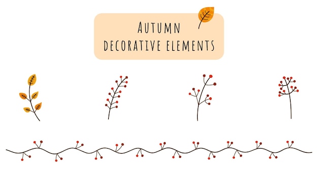 Set of autumn isolated branches with berries. Decorative vector lines with seasonal leaves.