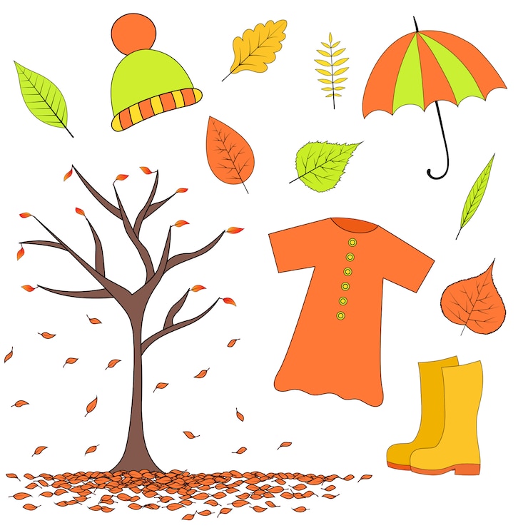 Vector set autumn items from leaves, rubber boots, raincoat, hat umbrella