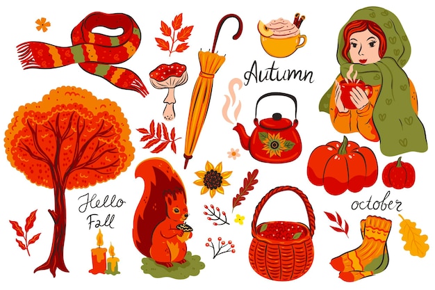 Set of autumn items isolated on white background Vector graphics