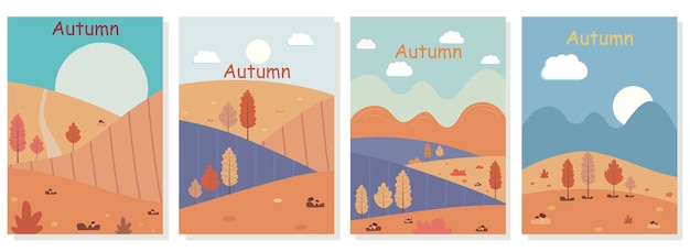A set of autumn landscape posters. drawing with trees, mountains, fields, leaves, mushrooms, sun