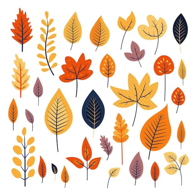 Set of autumn leaves in cartoon flat style Colorful elements design for decoration