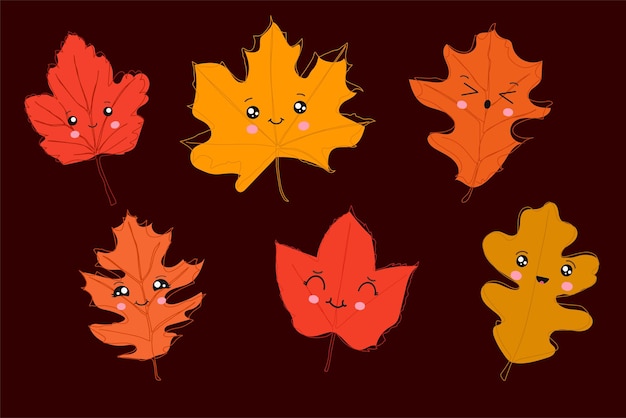Набор осенних листьев, нарисованных сплошной линией Осенний лист одной линией