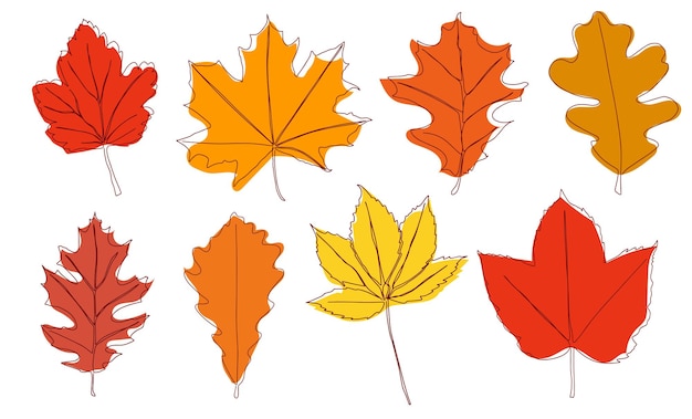 A set of autumn leaves drawn with a continuous line Autumn leaf in one line style