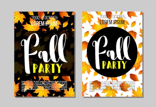 Set di modello di volantino festa d'autunno con scritte, foglie d'arancio. poster, banner, biglietti, etichette e altri design. illustrazione vettoriale.