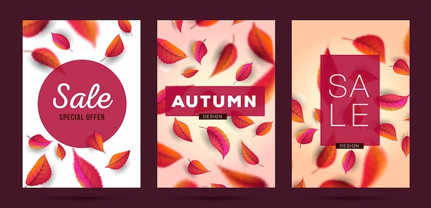 Set of autumn posters or covers with falling leaves texture backdrop brochure or magazine