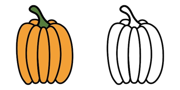 Set of autumn pumpkins colored and black and white doodle illustration