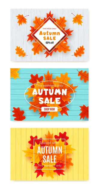 Set di banner di vendita autunnale con foglie di autunno, tipografia autunnale e testo di sconto.