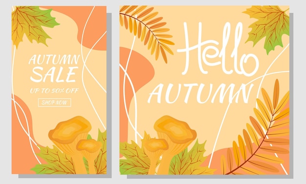 Set autumn sale banners Autumn leaves chanterelle and abstract shape on orange background Design for social network advertising