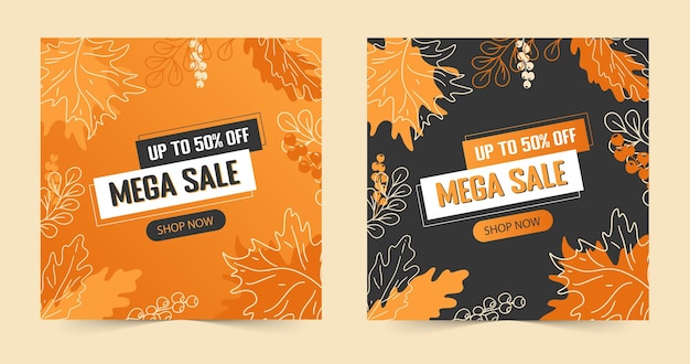 Set of autumn sale banners with fallen leaves promo advertising poster store discount flyer or off voucher cartoon vector illustration abstract floral background