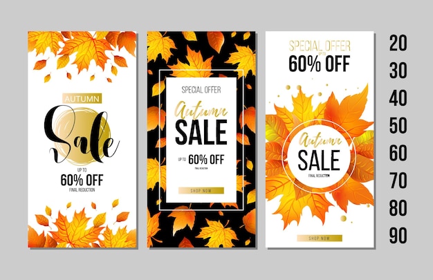 Set of autumn sale flyer template with lettering, orange leaves. fall promotion. poster, banner, card, label, and other design. vector illustration.