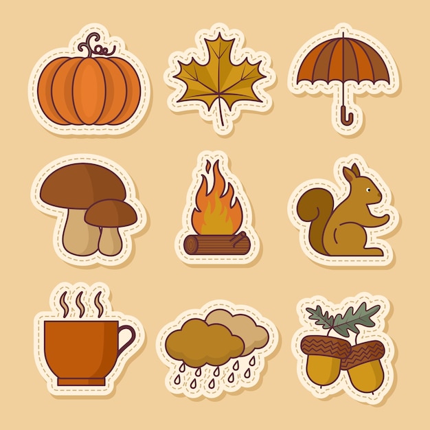 Vector set of autumn sticker vector icon illustration on soft brown background