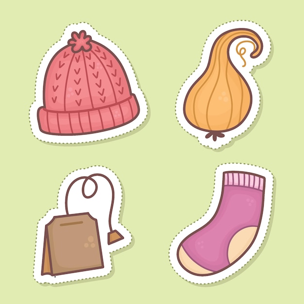 Set of autumn stickers clipart hat socks tea bag pumpkin