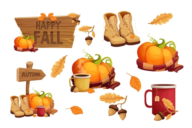 Vector set autumn stickers with pumpkin warm scarf cup with acorn and leaves boots wooden signboard