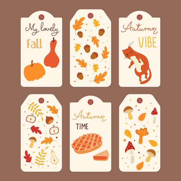 Set of autumn tags and labels.gift tags with pumpkins sleeping cat and autumn motifs