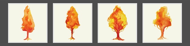 Set of autumn trees hand drawn watercolor vector illustration