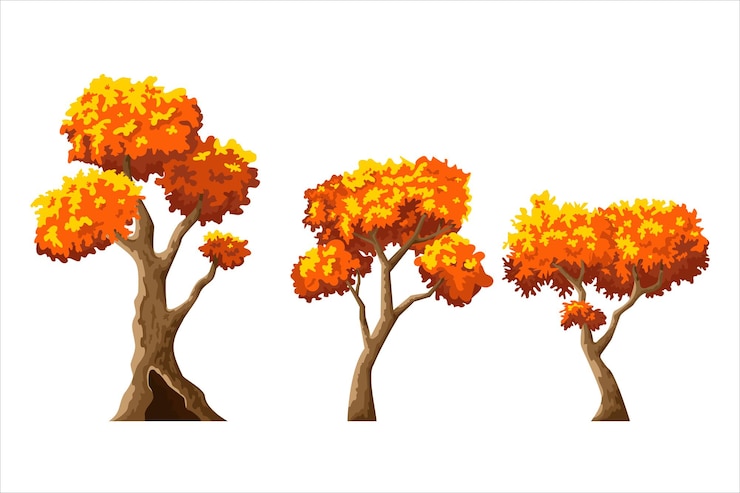 Vector set of autumn trees with yelloworange foliage in cartoon style vector flat illustration for games