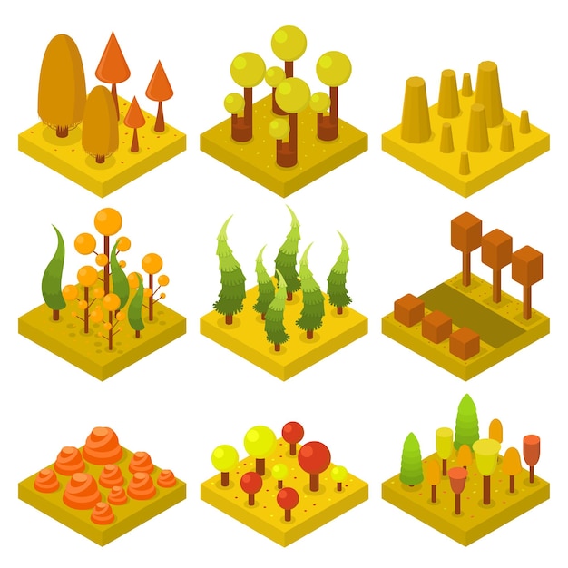 Set di alberi autunnali. bosco. zona forestale. elementi 3d isometrici per giochi, mappe. fogliame arancione, rosso e giallo. illustrazione vettoriale.