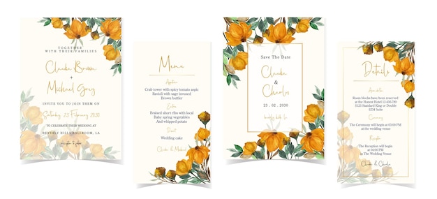 Set of autumn wedding invitation card with gorgeous flowers