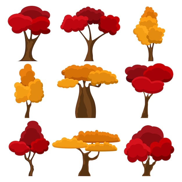 Set autumn yellow and red trees Cartoon tree autumn season gold leaves for city park and forest