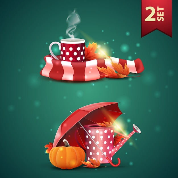 Vector set of autumns 3d icons, mug of hot tea, warm scarf, garden watering can, umbrella and ripe pumpkin