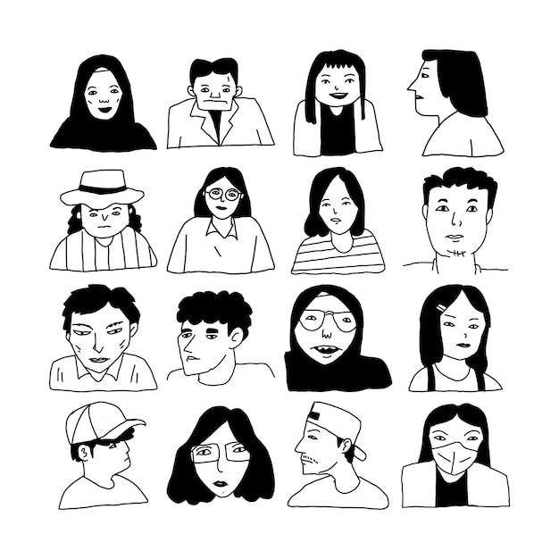 Set avatar met de hand getekend zwart-wit