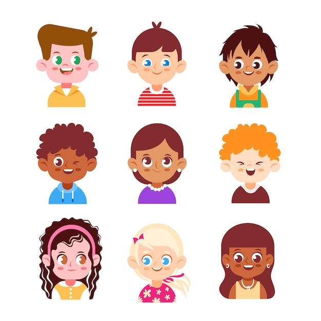 a set of avatars of children of different races and nationalities in a cute cartoon style