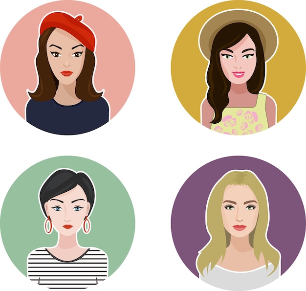 A set of avatars in flat style Young woman portraits diversity concept Female character icons