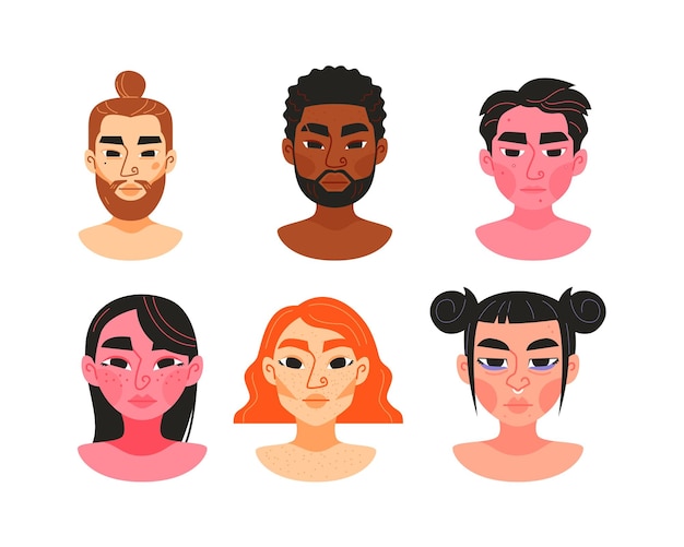 Set of avatars of men and women with different skin types