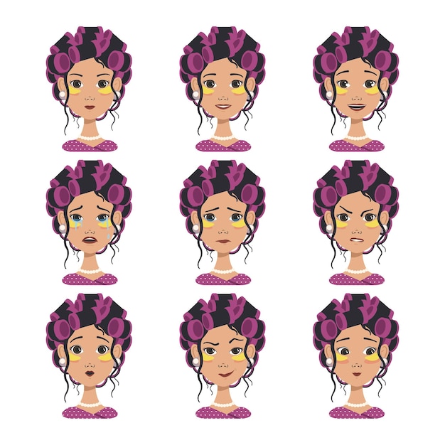 Set avatars met verschillende emoties meisje met roze krulspelden en gele patches