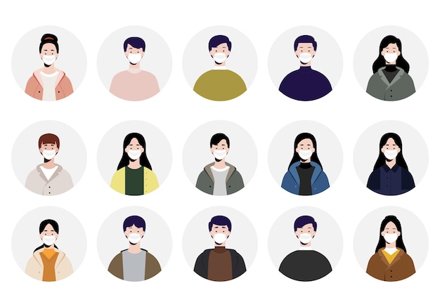 Vector set of avatars people using face mask