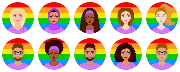 Vector set of avatars with rainbow flag