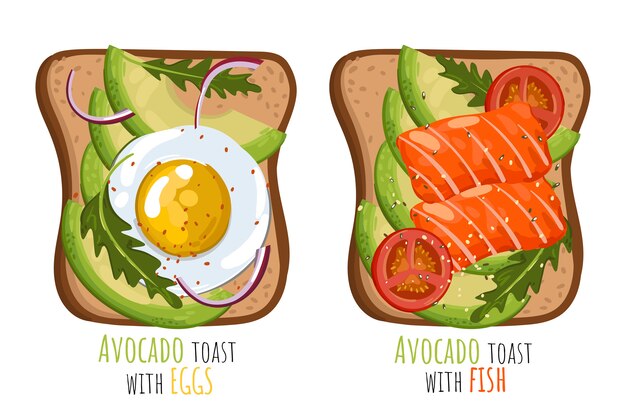 Vector set of avocado toast with eggs and salmon.