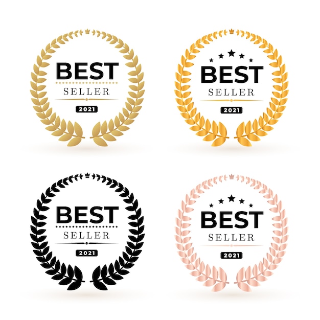 Vettore set di premi best seller badge logo. illustrazione di best seller vincitore d'oro e nero.