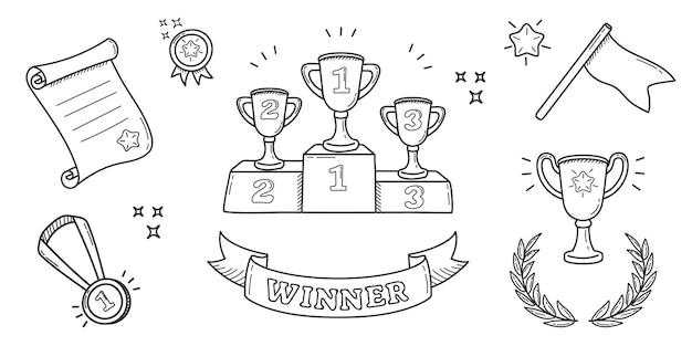 Vector set of awards in doodle style hand drawn winner cups and medals