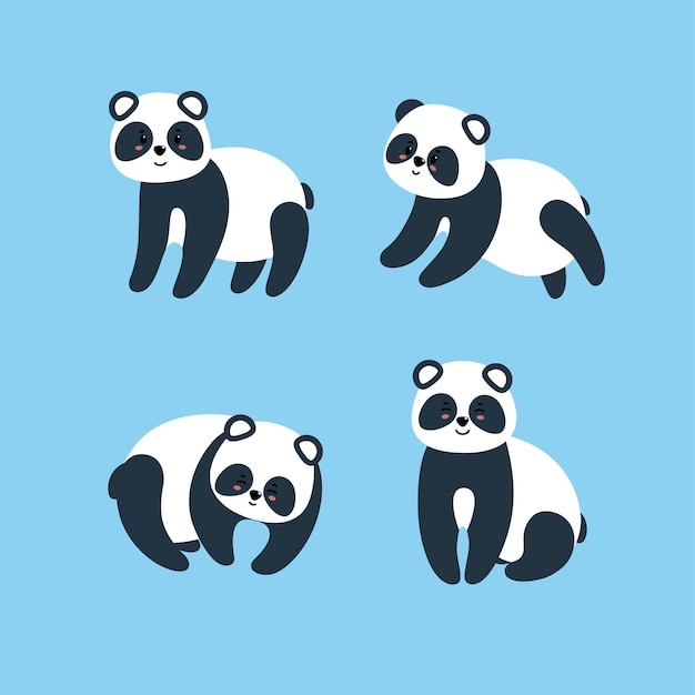 Vector set of awesome pandas. vector illustration in flat style on blue background