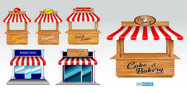 Vector set of awing with wooden market stand stall and various kiosk with red and white striped awning