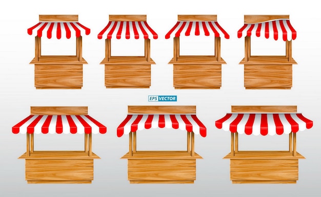 Set of awing with wooden market stand stall and various kiosk with red and white striped awning