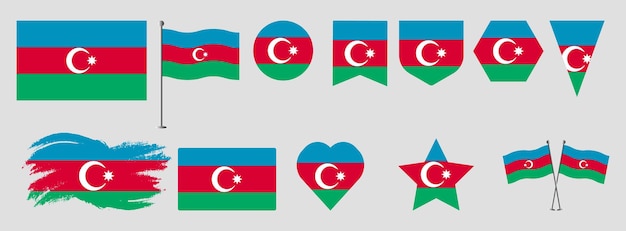 Set Azerbaijan flag set national flag vector design set with popular shapes and brush Azerbaijan
