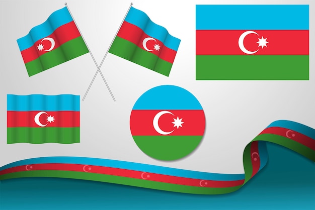 Set di bandiere dell'azerbaigian in diversi disegni icona scuotimento bandiere con nastro con sfondo