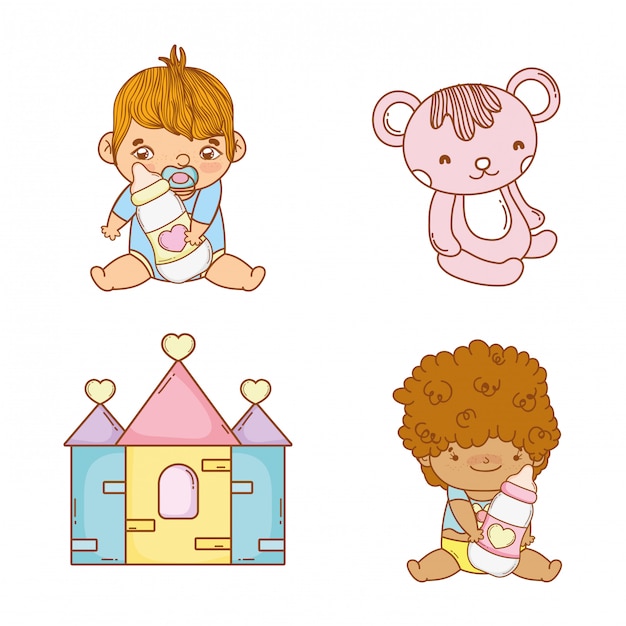 Set babies bays with feeding bottles and teddy