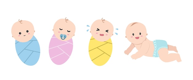 Set of babies clipart. Cute baby different emotions swaddled in blanket wrap flat vector cartoon