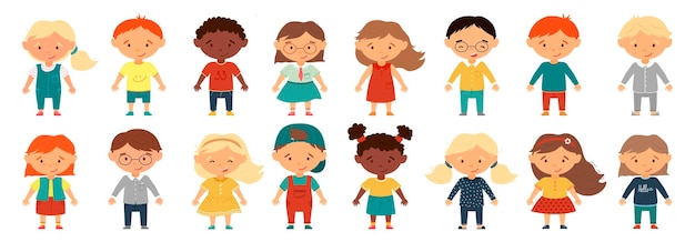 Set of baby avatars in flat style Set of smiling girls and boys with different hairstyles skin color