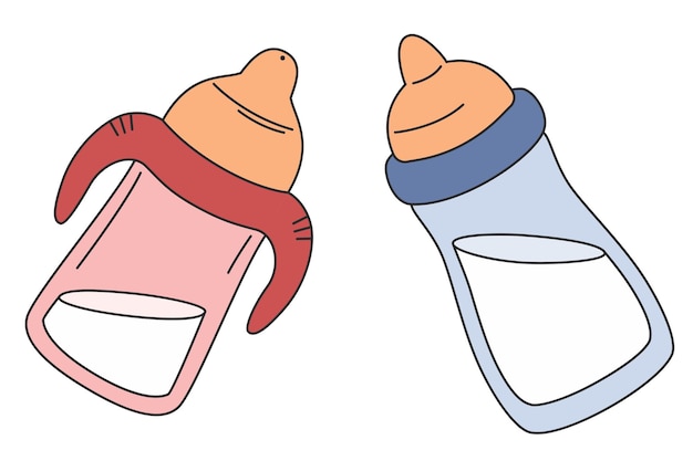 Vector set of baby bottles for feeding with milk with and without handles isolated on a white background