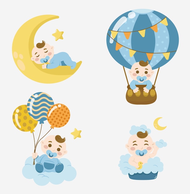 set of baby boy poses with ballons, hot air ballon, taking a shower, on the moon