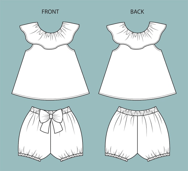分離された女の赤ちゃんの服の正面図と背面図のベビー服のセット